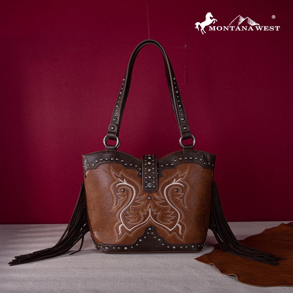 Montana West Embroidered Fringe Concealed Carry Boot Purse Tote Brown